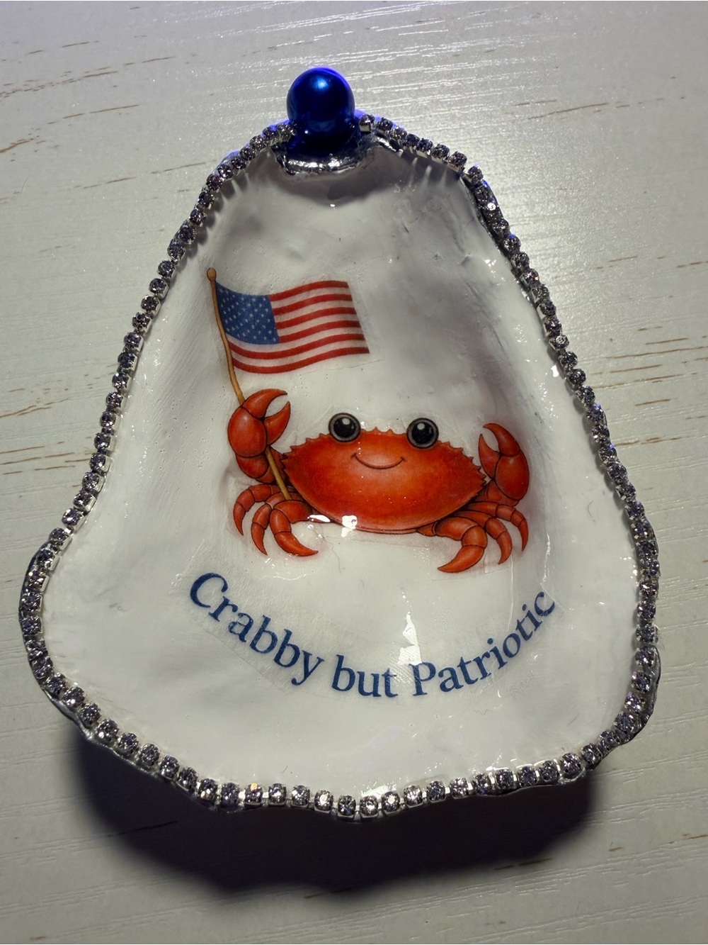 Handmade crabby but patriotic red crab decoupage wider oyster shell dish